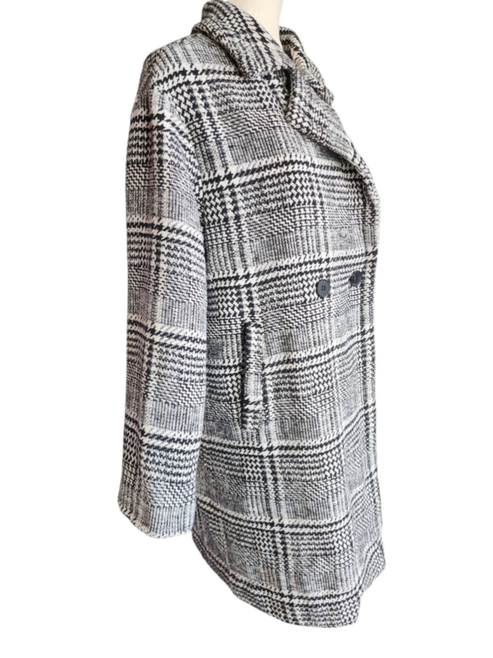 Nasty Gal Collection L Black White Plaid Double Breasted Coat Oversized Longline - Picture 5 of 13